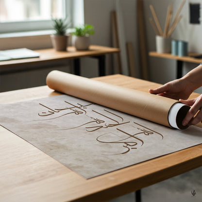 A person's hands are shown unrolling a large art print or poster featuring elegant Arabic calligraphy. The print is laid out on a light wood desk in a modern, softly lit studio or office environment with blurred plants and shelves in the background.