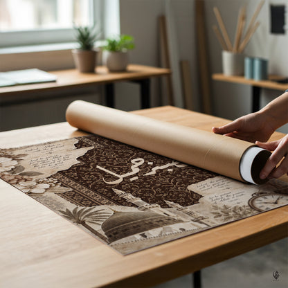A person unrolls a large decorative art print or poster from a brown cardboard mailing tube on a light wood table in a bright, modern room.