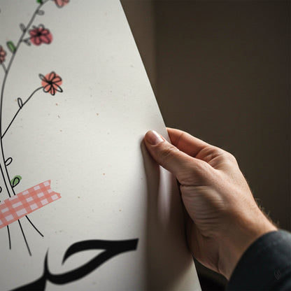 Hand touching a white surface with floral and ribbon design