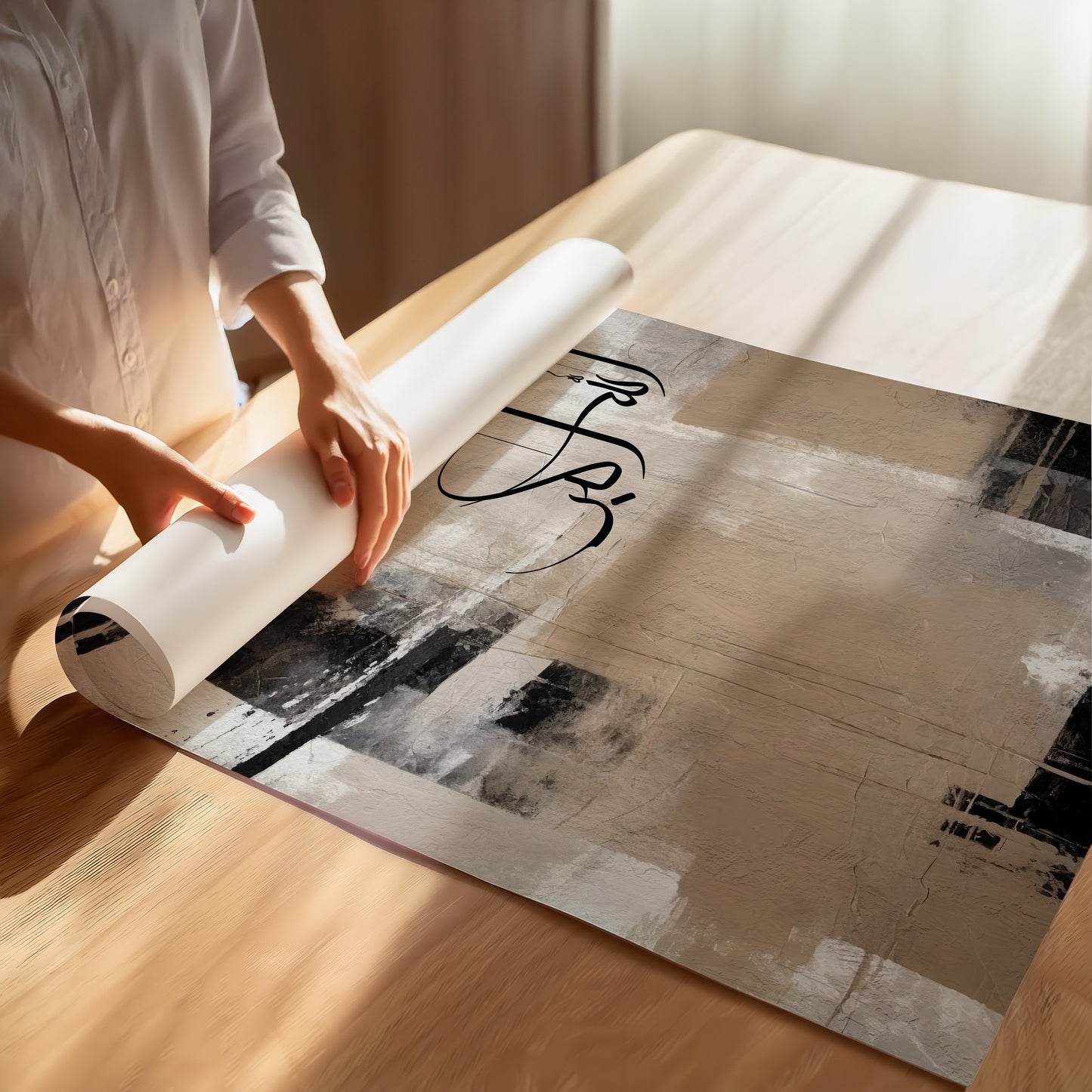 Set of 3 Beige and Black Abstract Wall Art D115