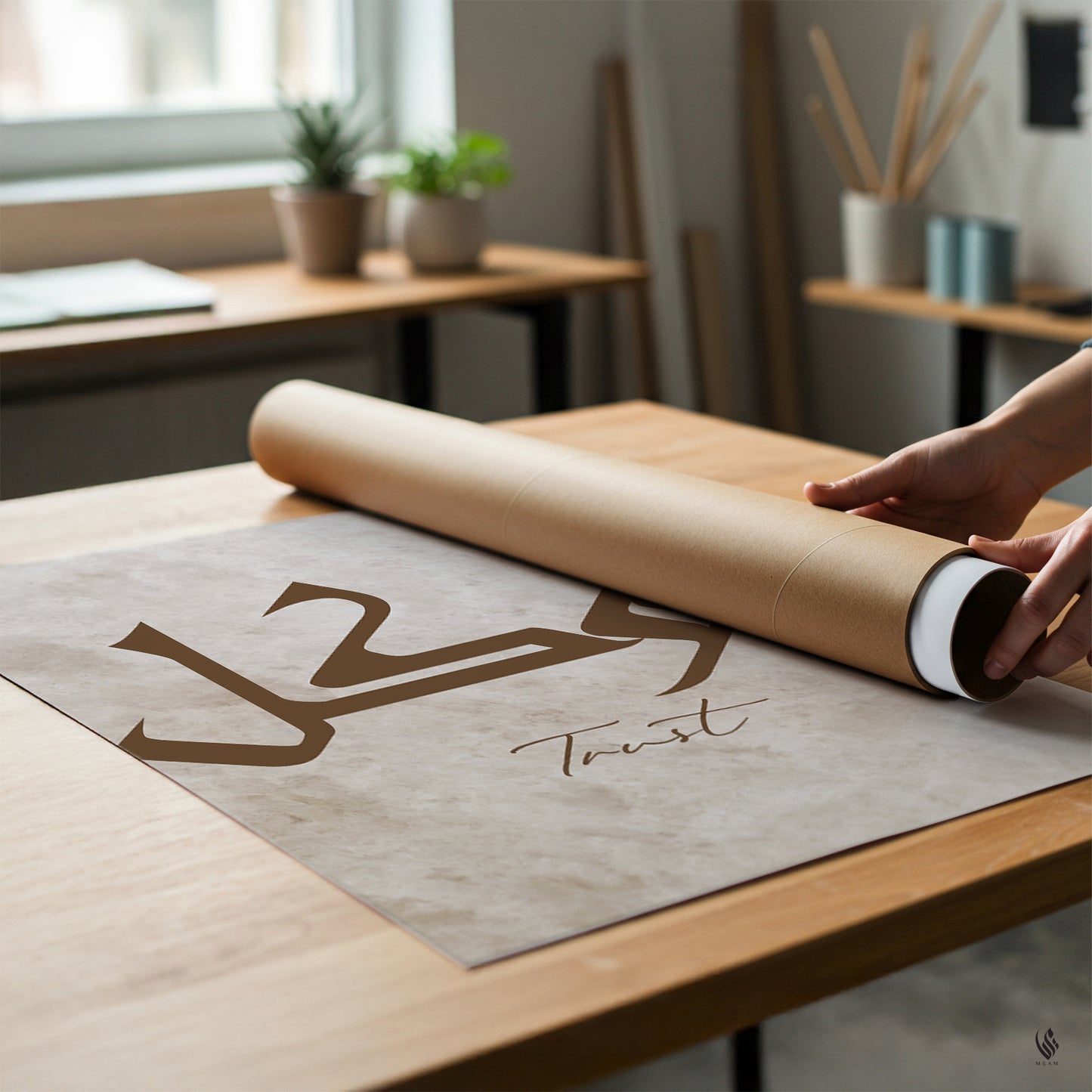 Person unrolling a roll of paper with a design and text on a wooden table.