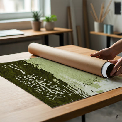 Person unrolling a green placemat with white text on a wooden table.