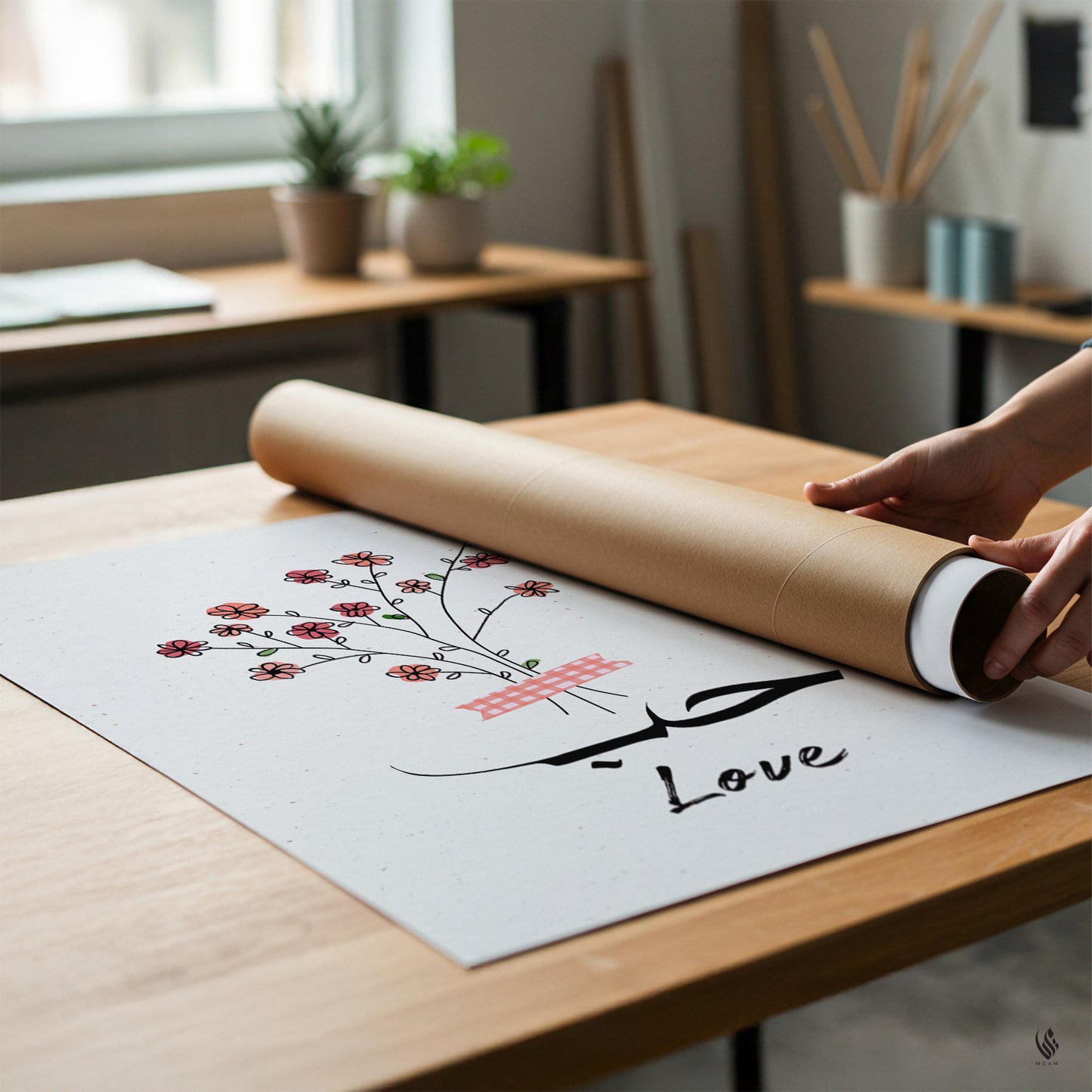 Person unrolling paper with floral design and 'Love' text on a wooden table.