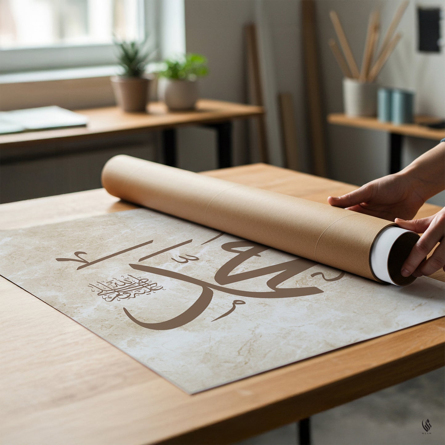 Person unrolling a piece of paper with Arabic calligraphy on a wooden table.