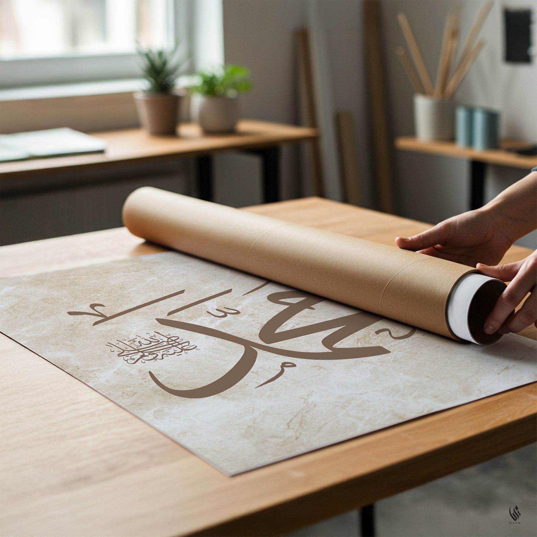 Person unrolling a piece of paper with Arabic calligraphy on a wooden table.