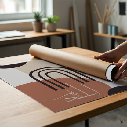 Person unrolling a poster with abstract design on a wooden table.