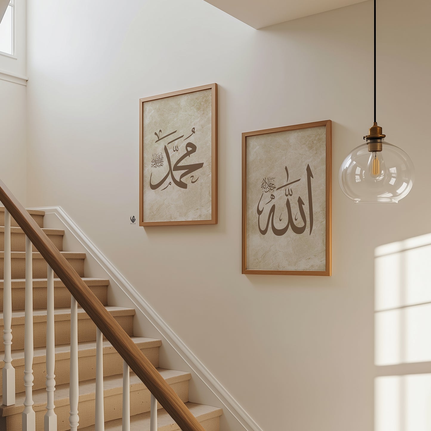 Staircase with framed Arabic calligraphy on a wall, illuminated by a hanging light bulb. Modern Islamic home decor — matching set of three Arabic calligraphy prints for a hallway gallery