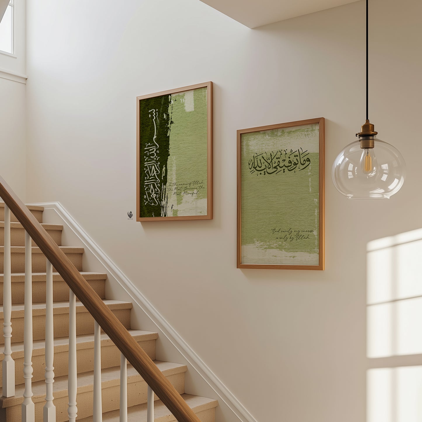 Staircase with framed artwork on the wall and a hanging light bulb.