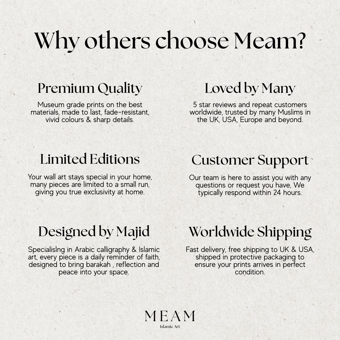 Promotional text about MEAM Islamic Art, highlighting premium quality, customer support, and worldwide shipping.