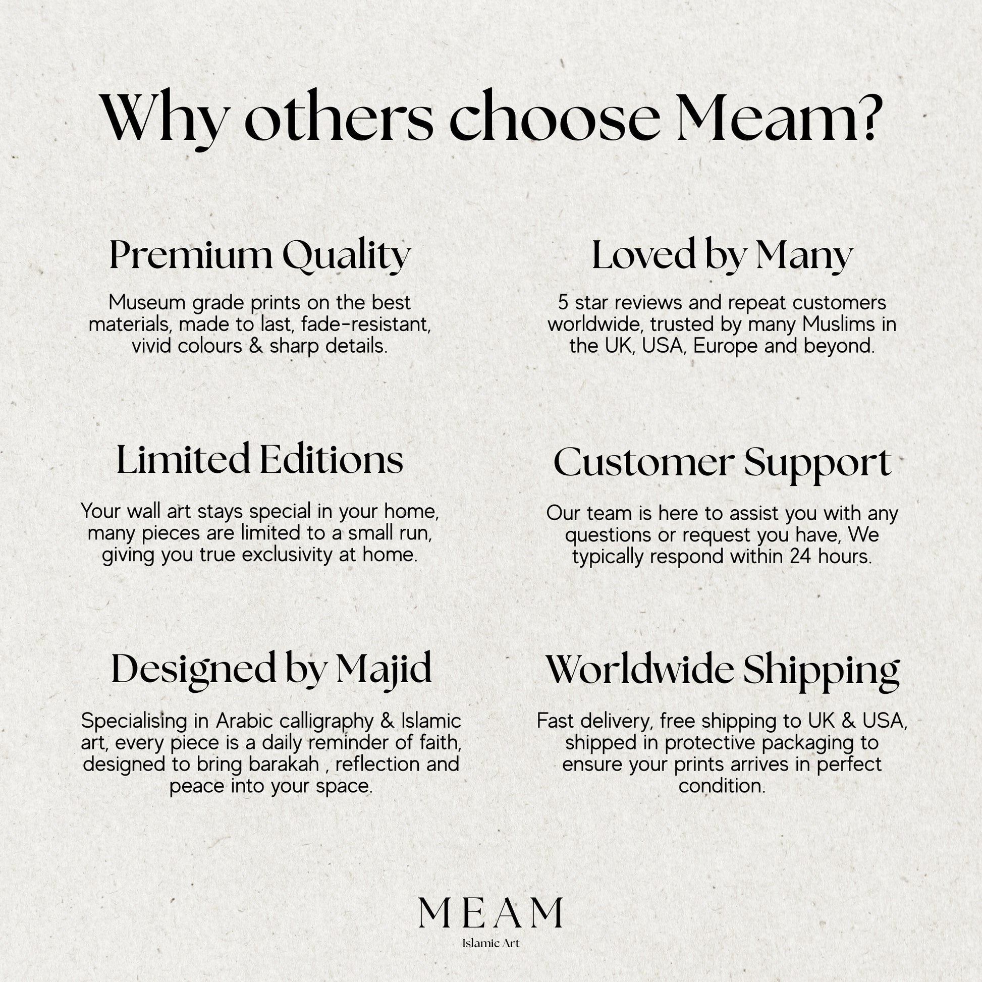 Promotional text about MEAM Islamic Art, highlighting premium quality, customer support, and worldwide shipping.