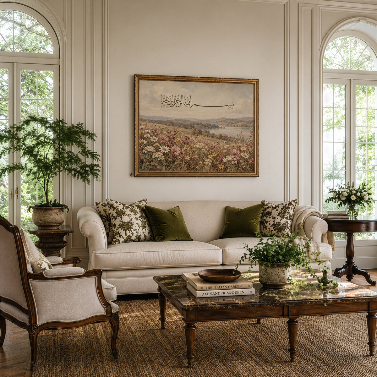 Large Bismillah Islamic wall art print in a decorative gold frame, centred above a cream sofa in a traditional living room with tall arched windows.
The vintage botanical artwork combines Arabic calligraphy with a countryside lake, distant hills and a meadow of daisies and pink wildflowers.
Neutral furniture, olive green cushions, natural wood and warm sunlight complement the artwork's muted beige, brown and earthy green colours.