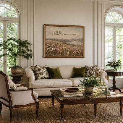 Large Bismillah Islamic wall art print in a decorative gold frame, centred above a cream sofa in a traditional living room with tall arched windows.
The vintage botanical artwork combines Arabic calligraphy with a countryside lake, distant hills and a meadow of daisies and pink wildflowers.
Neutral furniture, olive green cushions, natural wood and warm sunlight complement the artwork's muted beige, brown and earthy green colours.
