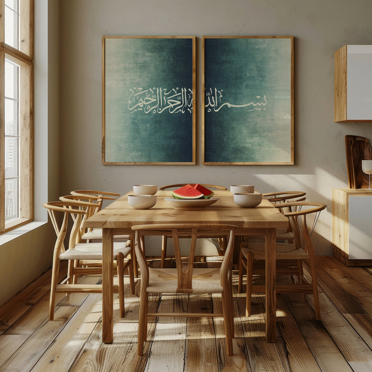 Bismillah Islamic wall art set of 2 above a wooden dining table, with white Arabic calligraphy across matching teal and sage green textured prints.