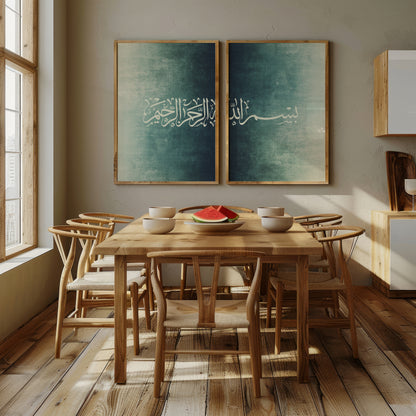 Bismillah Islamic wall art set of 2 above a wooden dining table, with white Arabic calligraphy across matching teal and sage green textured prints.
