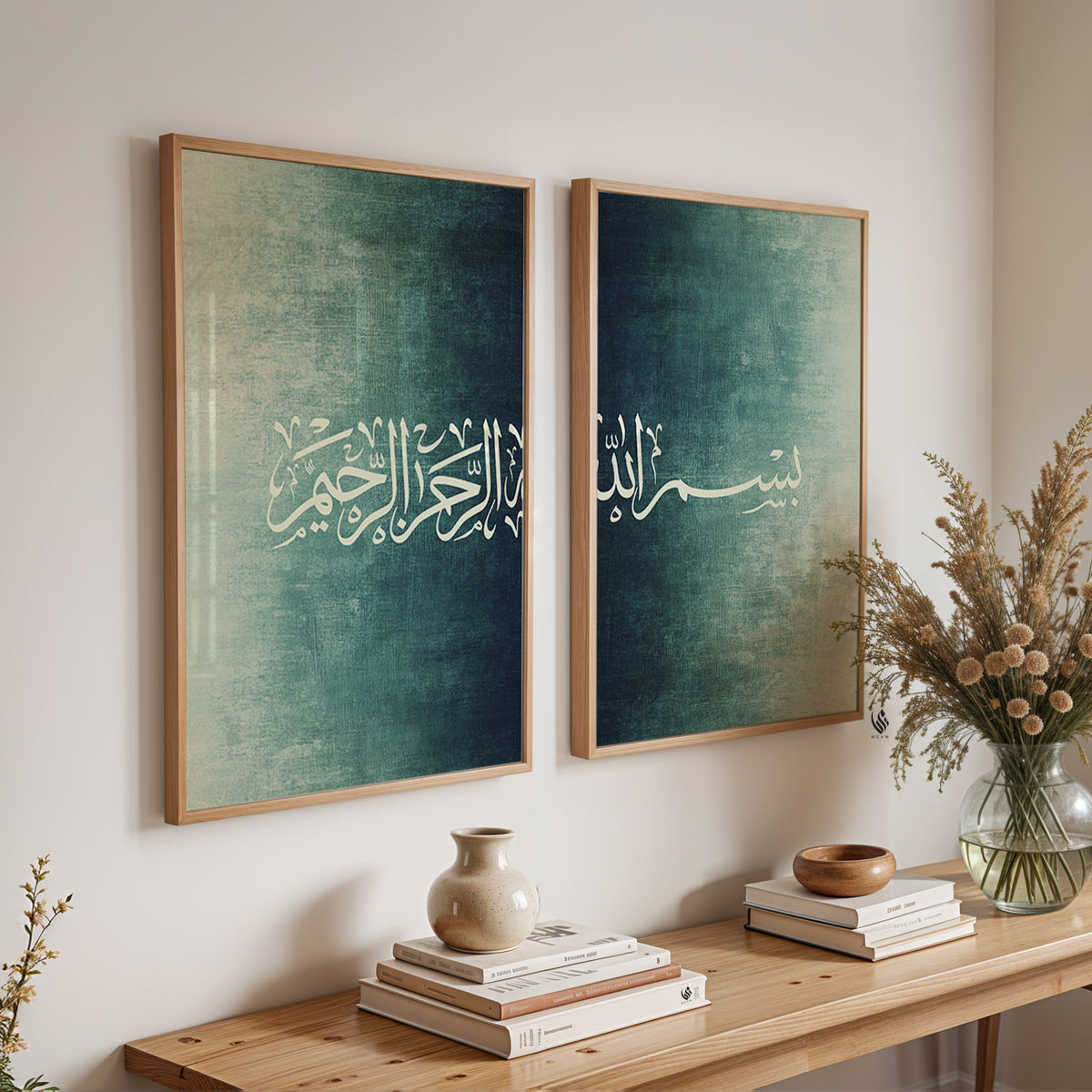 Bismillah Islamic wall art set of 2 in natural wood frames, featuring white Arabic calligraphy flowing across deep teal, sage green and cream textured backgrounds.