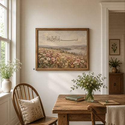 Bismillah Islamic wall art in a natural brown wooden frame, displayed above a rustic dining table beside a large window with soft natural light.
A vintage-inspired landscape of distant hills, calm water and delicate meadow flowers sits beneath flowing Arabic calligraphy in warm brown tones.
Styled with wooden chairs, a ceramic vase of flowers and neutral interiors, highlighting the print's botanical detailing and soft countryside colours.