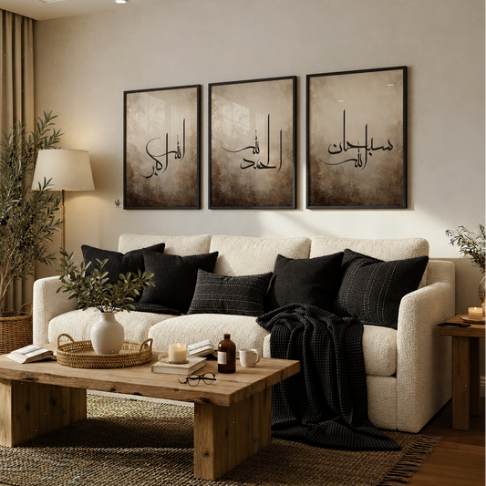 Neutral living room with a set of 3 Dhikr Islamic wall art prints above a green sofa, featuring black Arabic calligraphy and beige-brown textured art.
