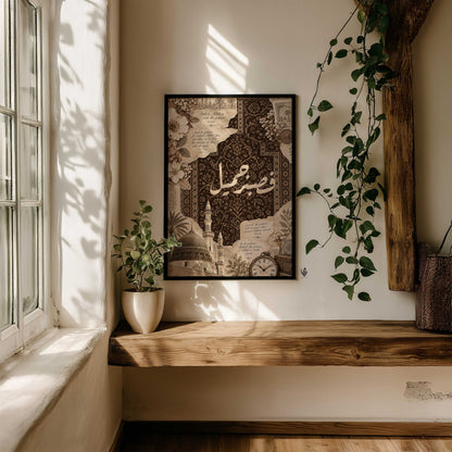 Fasabrun Jameel print in a black frame beside a sunlit window, wooden bench and trailing green plants.