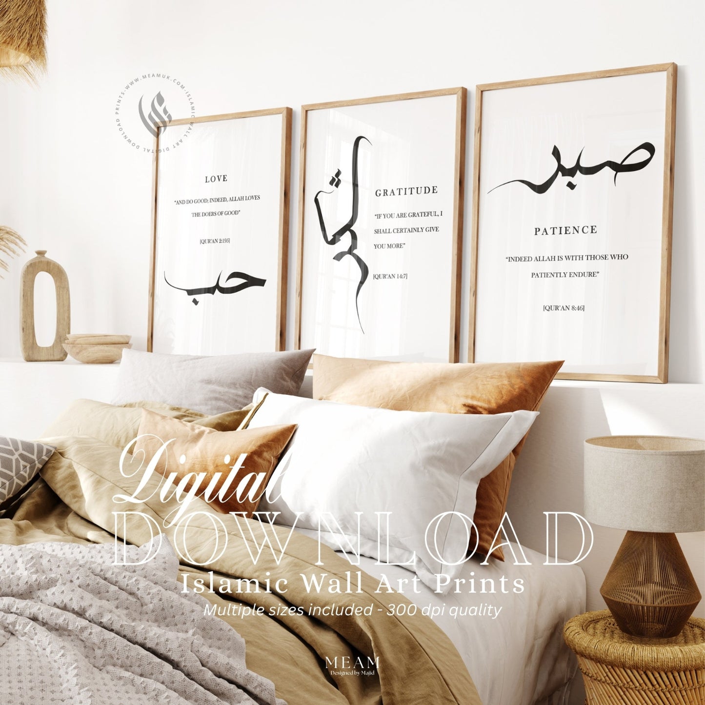 Islamic wall art set of 3 featuring Sabr Shukr Hubb Arabic calligraphy prints displayed above a modern bed, minimalist Muslim home decor with Quran verses for patience gratitude and love