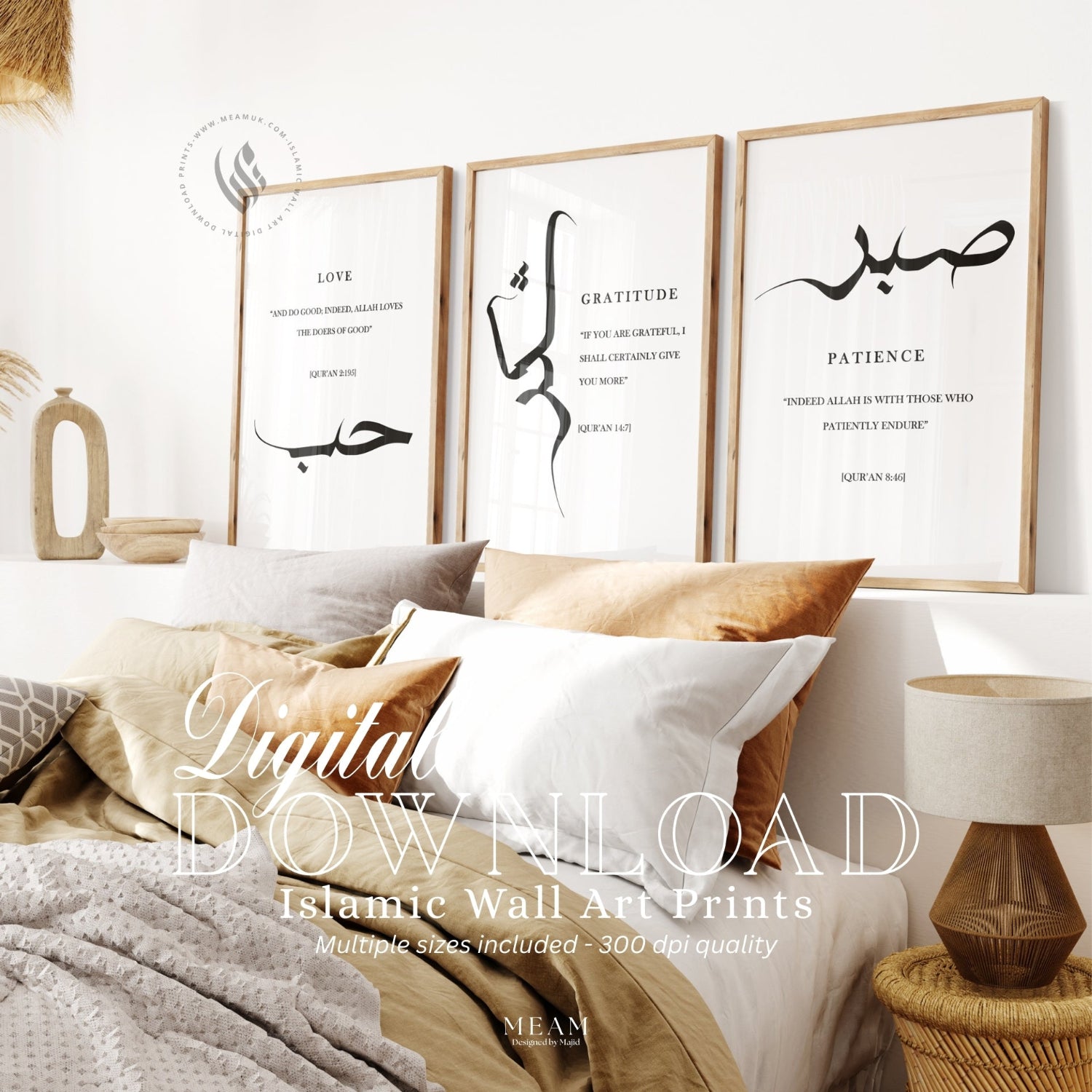 Islamic wall art set of 3 featuring Sabr Shukr Hubb Arabic calligraphy prints displayed above a modern bed, minimalist Muslim home decor with Quran verses for patience gratitude and love