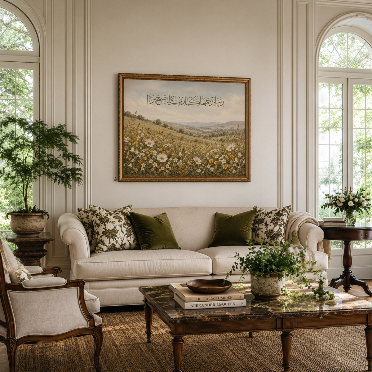 A warm traditional living room with a cream sofa, olive cushions and tall arched windows, centred around a framed Quranic wildflower meadow artwork.