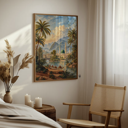Framed Madina Islamic wall art displayed in a warm neutral bedroom, with the Green Dome, mosque minarets, palms and vintage landscape artwork.