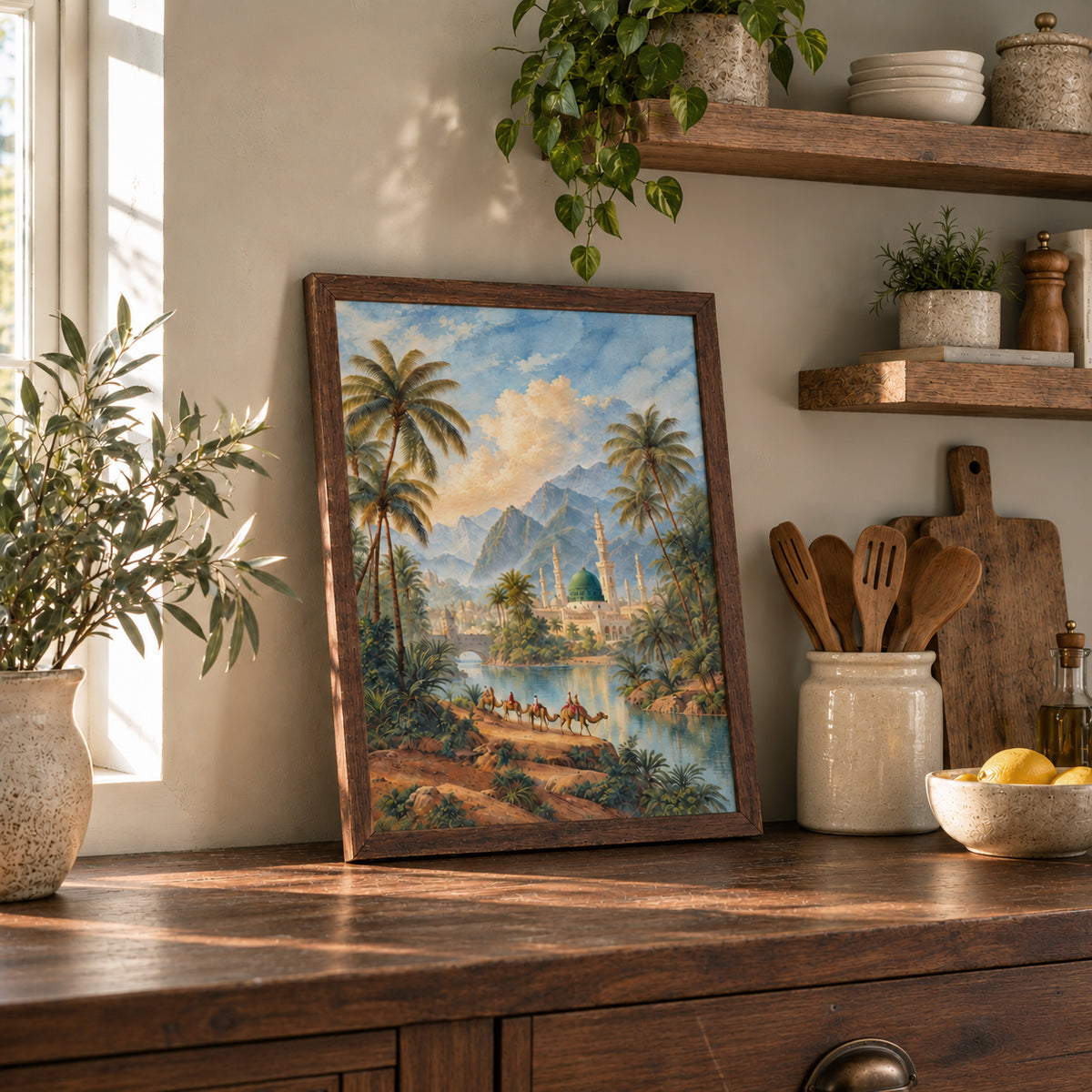 Madina Green Dome Islamic wall art in a natural wood frame on a rustic kitchen counter, styled with warm sunlight, plants and wooden shelves.