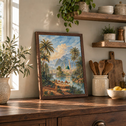 Madina Green Dome Islamic wall art in a natural wood frame on a rustic kitchen counter, styled with warm sunlight, plants and wooden shelves.