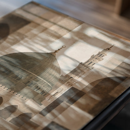 A framed art print depicting the Mosque of Harát in Damascus, featuring a detailed dome and minaret in a sepia-toned, layered design with realistic window shadow overlays.