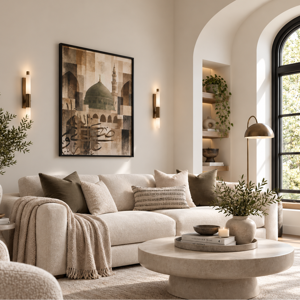 Madina mosque Islamic wall art in a black frame above a cream sofa in a bright modern neutral living room.