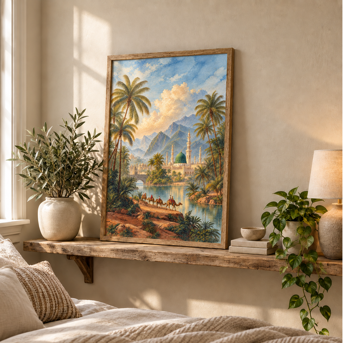 Madina mosque wall art in a light wood frame above a bedroom shelf, showing the Green Dome, minarets, palm trees, mountains and calm water.