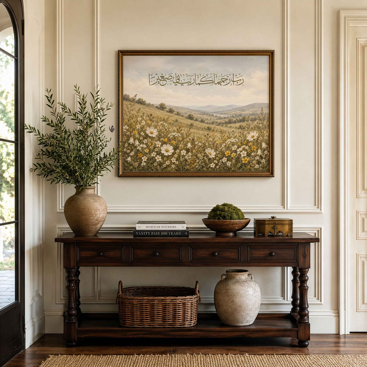 Portrait photo of a landscape Rabbirhamhuma wildflower print displayed sideways inside a rustic pale wooden frame against a white wall.