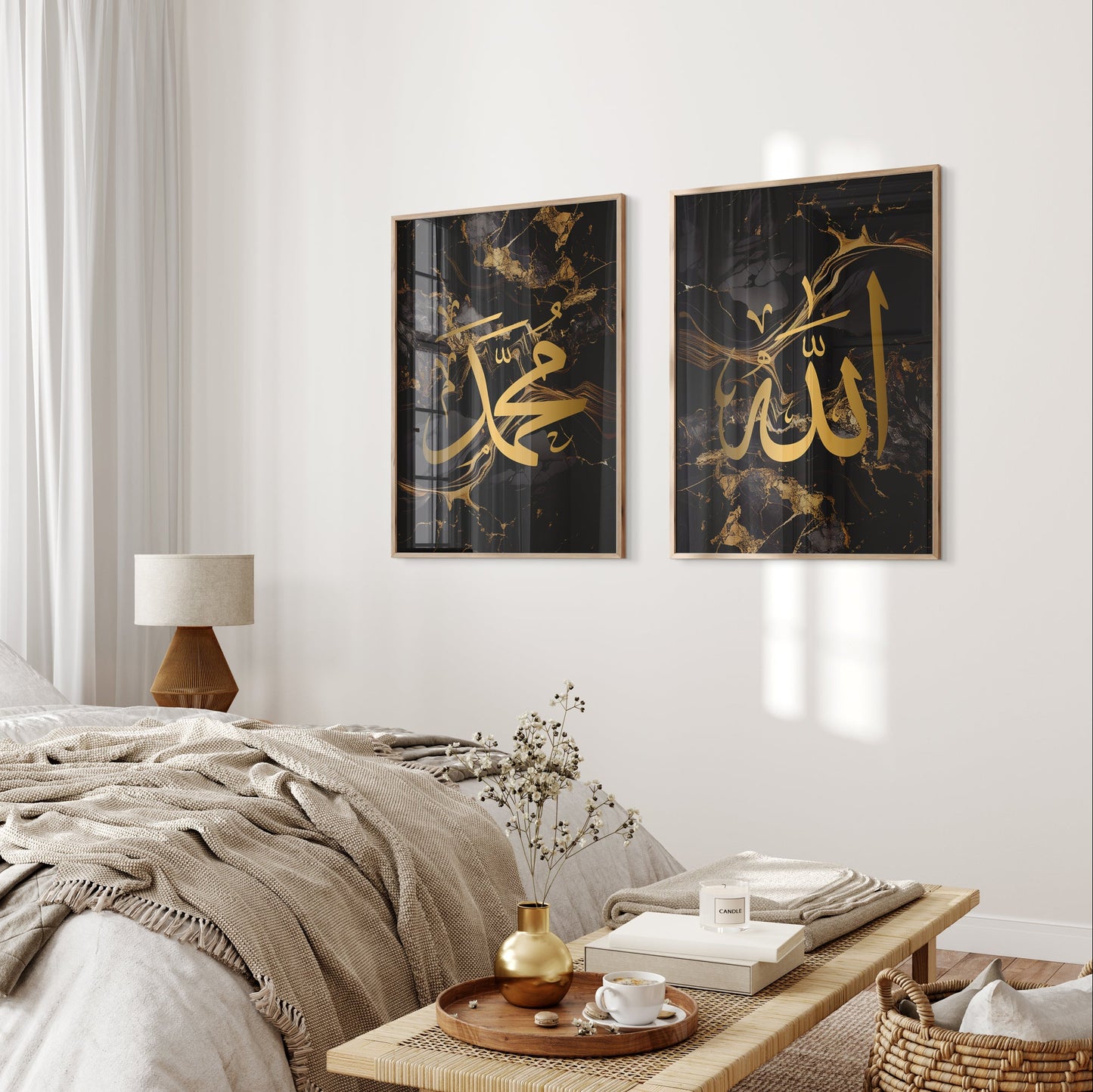 Two Black & Gold Arabic Calligraphy Islamic wall art prints with Allah and Muhammad in Arabic calligraphy thuluth in gold on top of a white sofa in a living room.