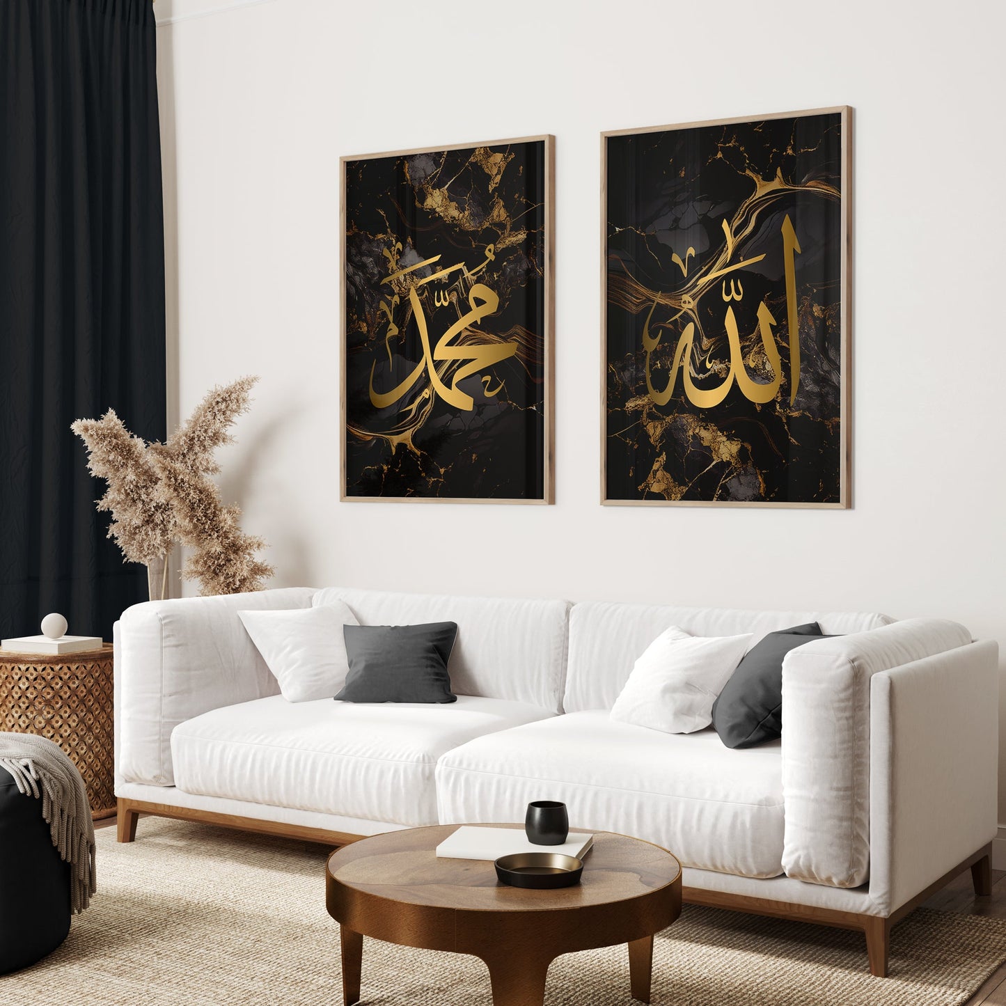 Two Black & Gold Arabic Calligraphy Islamic wall art prints with Allah and Muhammad in Arabic calligraphy thuluth in gold on top of a white sofa in a living room.