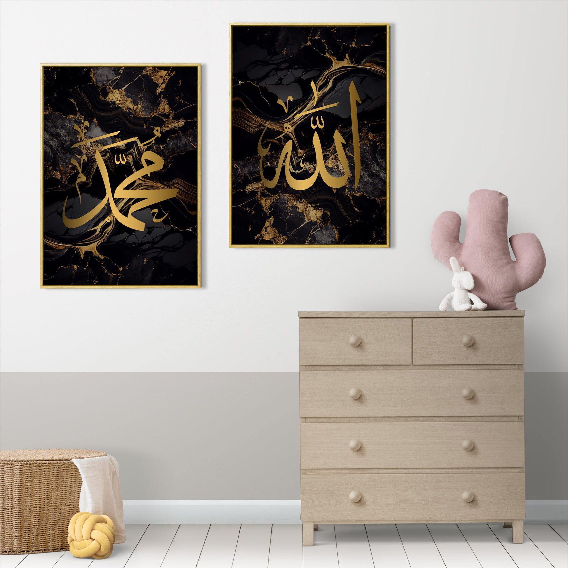 Two framed gold calligraphy pieces on a wall above a dresser with decorative items.